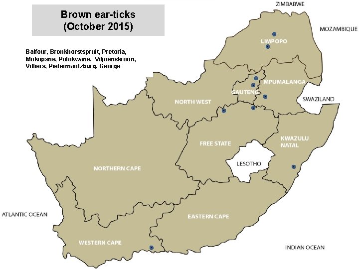 Brown ear-ticks (October 2015) Balfour, Bronkhorstspruit, Pretoria, Mokopane, Polokwane, Viljoenskroon, Villiers, Pietermaritzburg, George jkccff