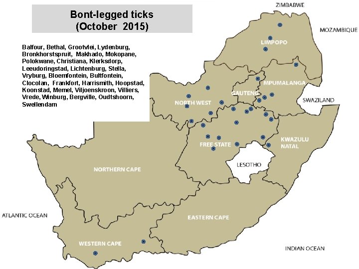 Bont-legged ticks (October 2015) Balfour, Bethal, Grootvlei, Lydenburg, Bronkhorstspruit, Makhado, Mokopane, Polokwane, Christiana, Klerksdorp,