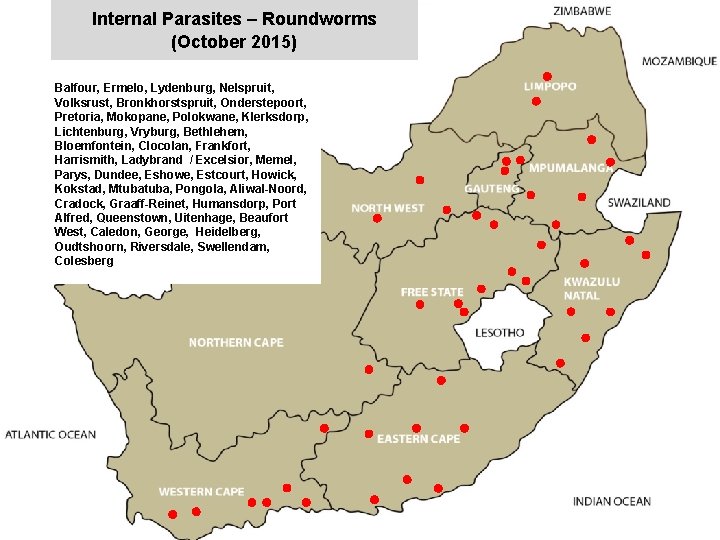 Internal Parasites – Roundworms (October 2015) Balfour, Ermelo, Lydenburg, Nelspruit, Volksrust, Bronkhorstspruit, Onderstepoort, Pretoria,