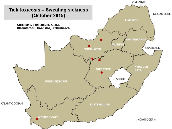 Tick toxicosis – Sweating sickness (October 2015) Christiana, Lichtenburg, Stella , Bloemfontein, Hoopstad, Stellenbosch