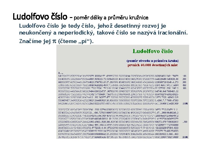 Ludolfovo číslo − poměr délky a průměru kružnice Ludolfovo číslo je tedy číslo, jehož