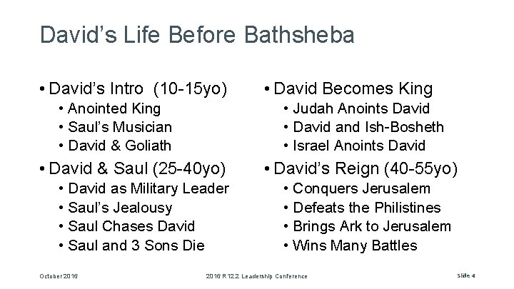 David’s Life Before Bathsheba • David’s Intro (10 -15 yo) • Anointed King •