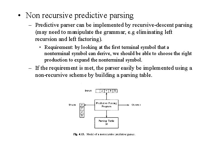  • Non recursive predictive parsing – Predictive parser can be implemented by recursive-descent