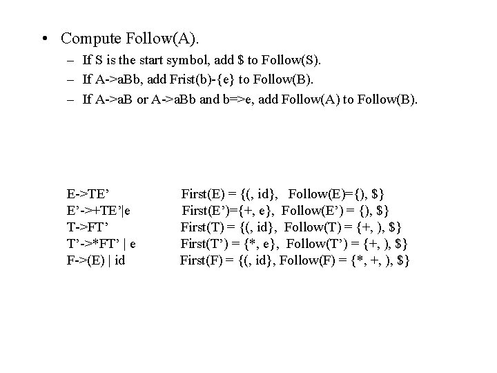  • Compute Follow(A). – If S is the start symbol, add $ to