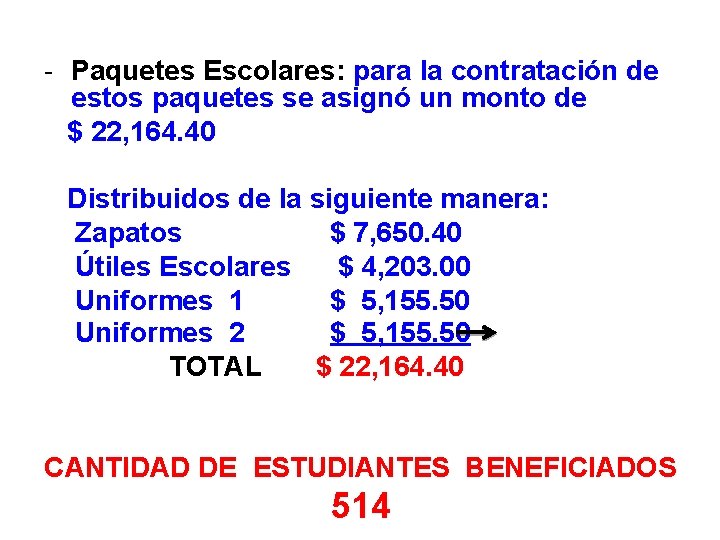 - Paquetes Escolares: para la contratación de estos paquetes se asignó un monto de