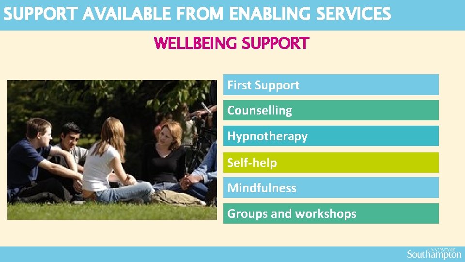 SUPPORT AVAILABLE FROM ENABLING SERVICES WELLBEING SUPPORT First Support Counselling Hypnotherapy Self-help Mindfulness Groups