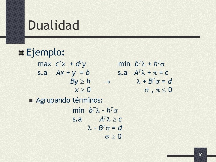 Dualidad Ejemplo: n max c. Tx + d. Ty min b. T + h.