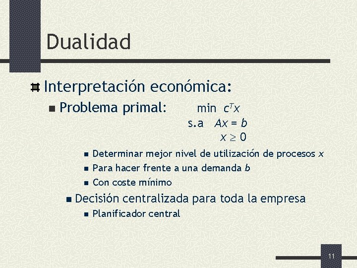 Dualidad Interpretación económica: n Problema primal: n n n Determinar mejor nivel de utilización