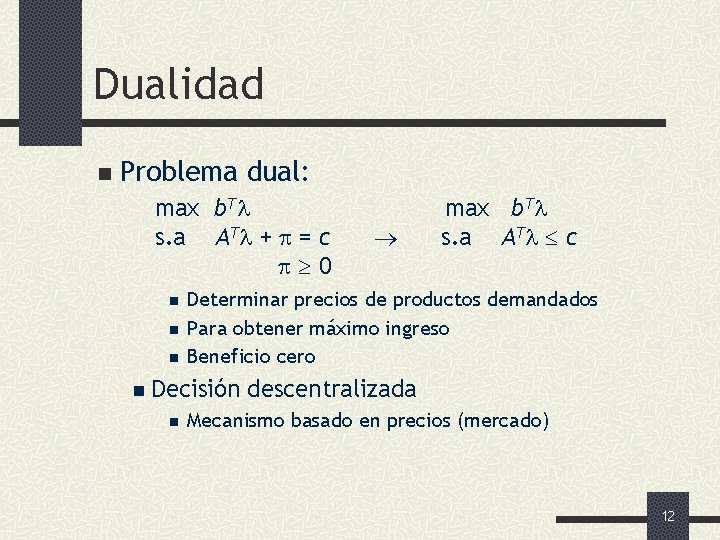 Dualidad n Problema dual: max b. T s. a AT + = c 0