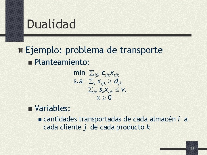 Dualidad Ejemplo: problema de transporte n Planteamiento: min ijk cijkxijk s. a i xijk