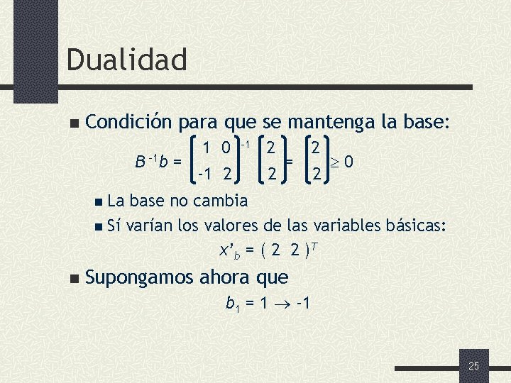 Dualidad n Condición para que se mantenga la base: B -1 b = 1
