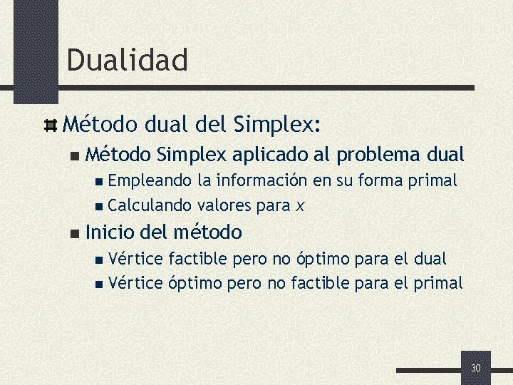 Dualidad Método dual del Simplex: n Método Simplex aplicado al problema dual n Empleando