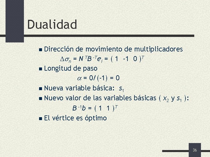 Dualidad n Dirección de movimiento de multiplicadores n = N TB -Tei = (