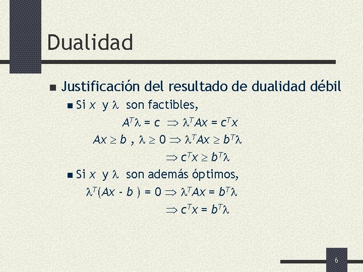 Dualidad n Justificación del resultado de dualidad débil x y son factibles, AT =