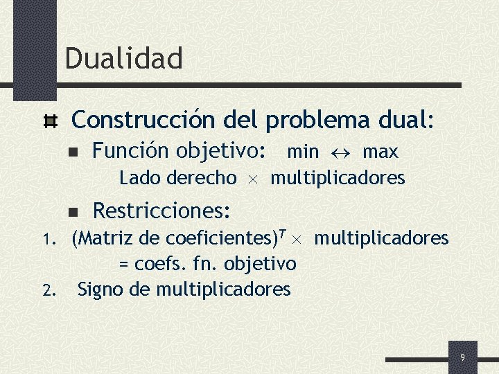 Dualidad Construcción del problema dual: n Función objetivo: min max Lado derecho multiplicadores n