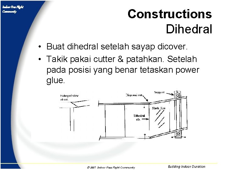 Indoor Free Flight Community Constructions Dihedral • Buat dihedral setelah sayap dicover. • Takik