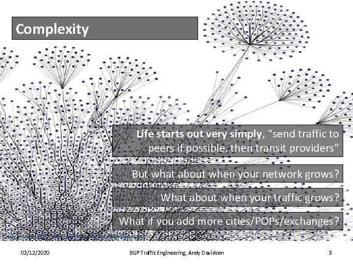 Complexity Life starts out very simply, “send traffic to peers if possible, then transit