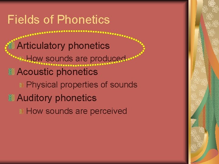Fields of Phonetics Articulatory phonetics How sounds are produced Acoustic phonetics Physical properties of Fields of Phonetics Articulatory phonetics How sounds are produced Acoustic phonetics Physical properties of