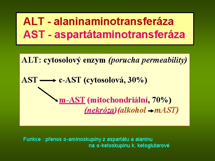 ALT - alaninaminotransferáza AST - aspartátaminotransferáza ALT: cytosolový enzym (porucha permeability) AST c-AST (cytosolová,