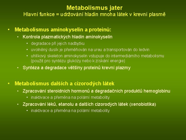 Metabolismus jater Hlavní funkce = udržování hladin mnoha látek v krevní plasmě • Metabolismus