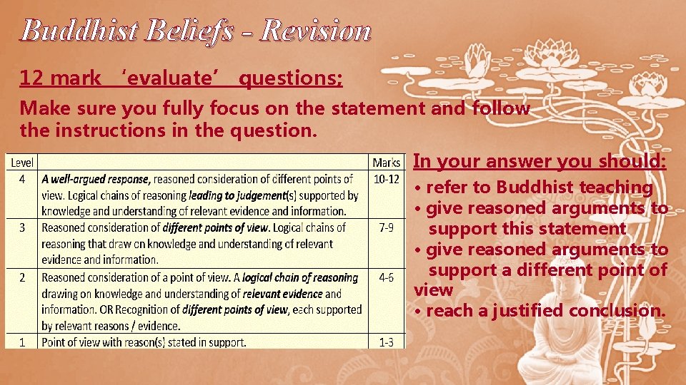 Buddhist Beliefs - Revision 12 mark ‘evaluate’ questions; Make sure you fully focus on