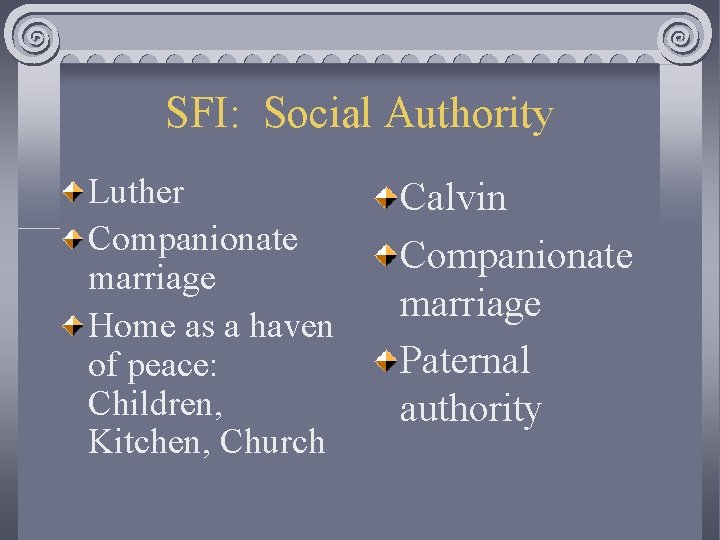 SFI: Social Authority Luther Companionate marriage Home as a haven of peace: Children, Kitchen,