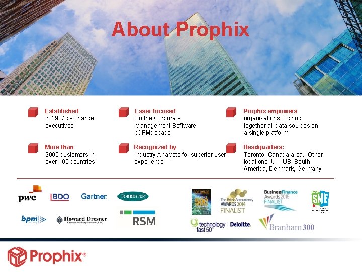 About Prophix Established in 1987 by finance executives Laser focused on the Corporate Management