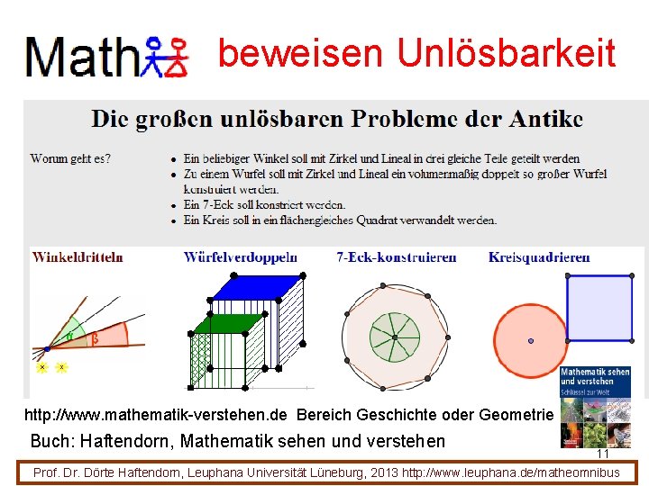 beweisen Unlösbarkeit http: //www. mathematik-verstehen. de Bereich Geschichte oder Geometrie Buch: Haftendorn, Mathematik sehen