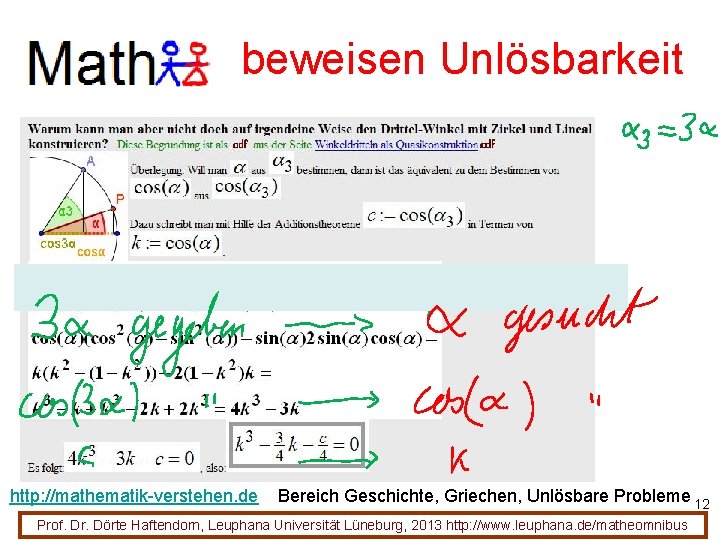 beweisen Unlösbarkeit http: //mathematik-verstehen. de Bereich Geschichte, Griechen, Unlösbare Probleme 12 Prof. Dr. Dörte