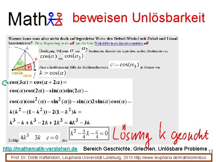 beweisen Unlösbarkeit http: //mathematik-verstehen. de Bereich Geschichte, Griechen, Unlösbare Probleme 13 Prof. Dr. Dörte