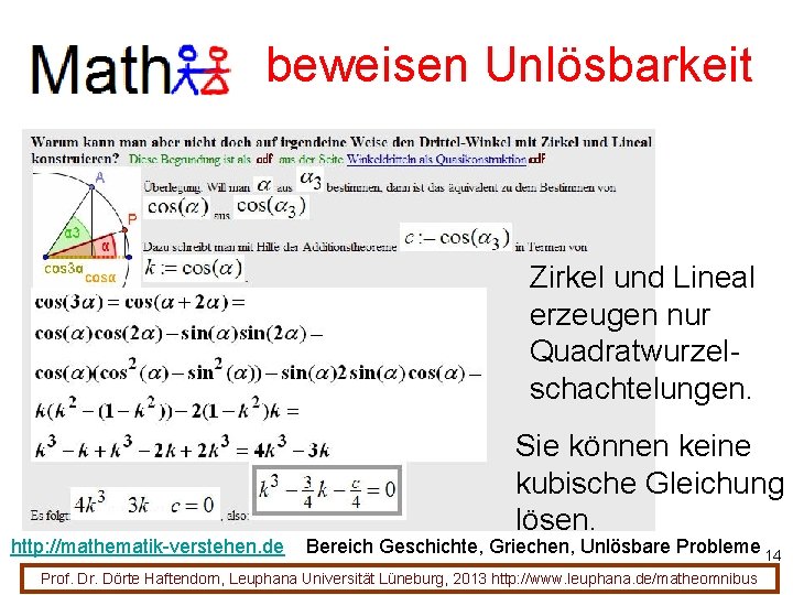 beweisen Unlösbarkeit Zirkel und Lineal erzeugen nur Quadratwurzelschachtelungen. http: //mathematik-verstehen. de Sie können keine