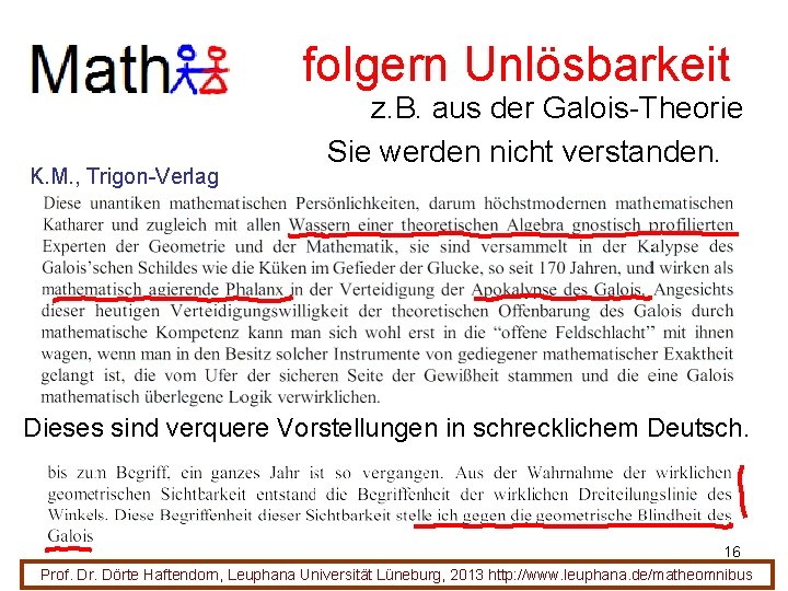 folgern Unlösbarkeit K. M. , Trigon-Verlag z. B. aus der Galois-Theorie Sie werden nicht