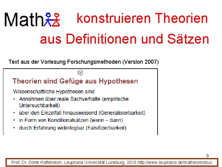 konstruieren Theorien aus Definitionen und Sätzen Text aus der Vorlesung Forschungsmethoden (Version 2007) 9