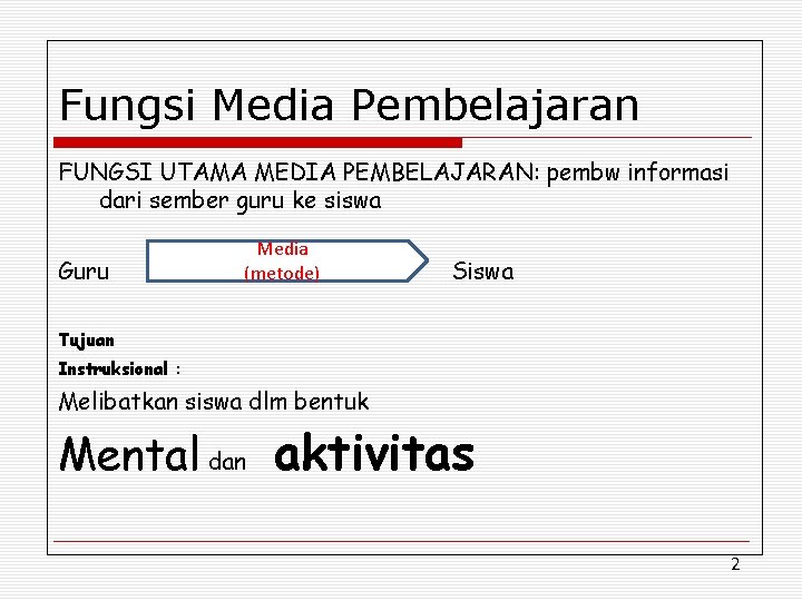 Fungsi Media Pembelajaran FUNGSI UTAMA MEDIA PEMBELAJARAN: pembw informasi dari sember guru ke siswa