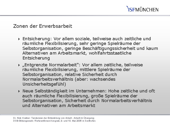 Zonen der Erwerbsarbeit 4 Entsicherung: Vor allem soziale, teilweise auch zeitliche und räumliche Flexibilisierung,