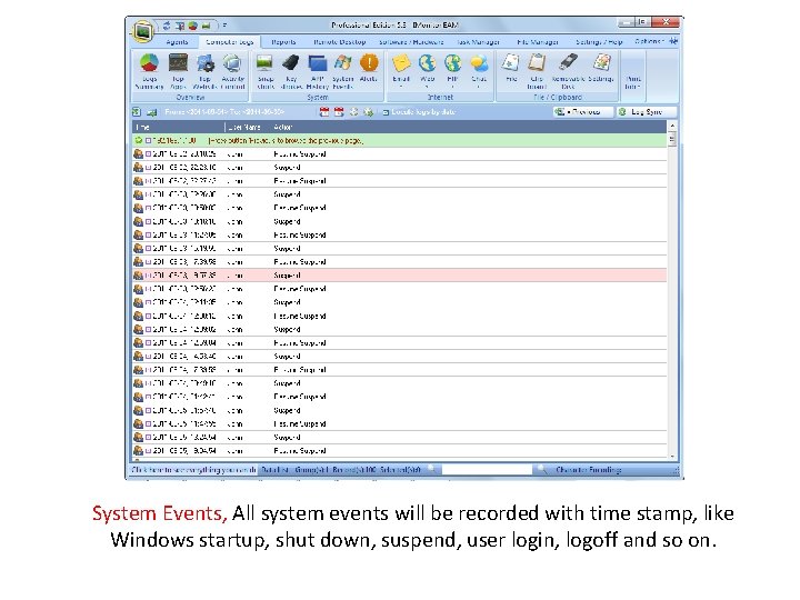 System Events, All system events will be recorded with time stamp, like Windows startup,