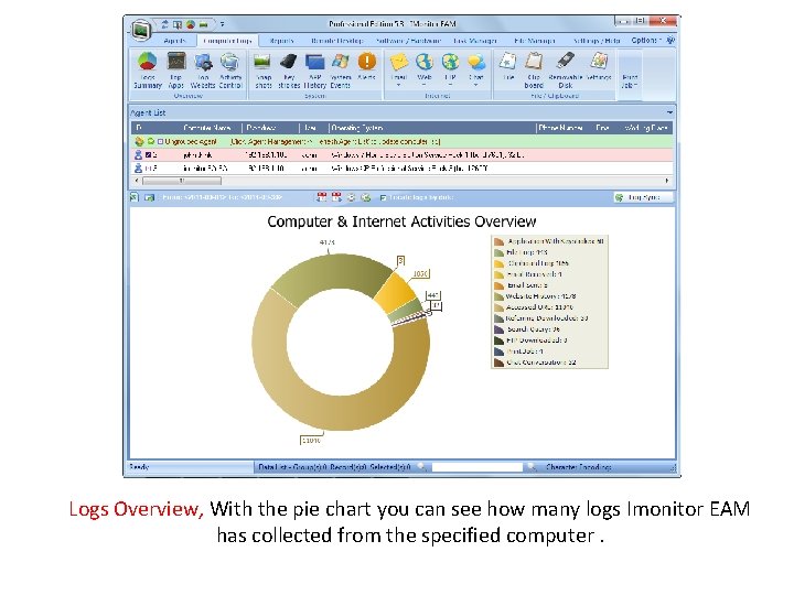 Logs Overview, With the pie chart you can see how many logs Imonitor EAM