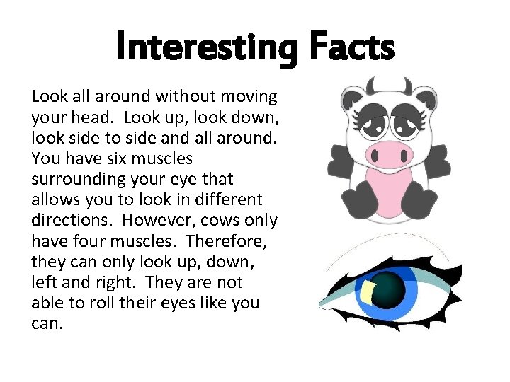 Interesting Facts Look all around without moving your head. Look up, look down, look