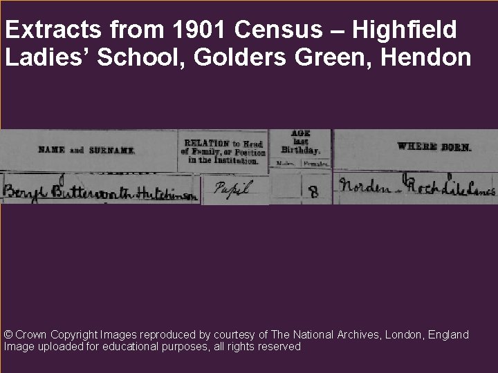 Extracts from 1901 Census – Highfield Ladies’ School, Golders Green, Hendon © Crown Copyright