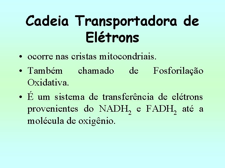 Cadeia Transportadora de Elétrons • ocorre nas cristas mitocondriais. • Também chamado de Fosforilação