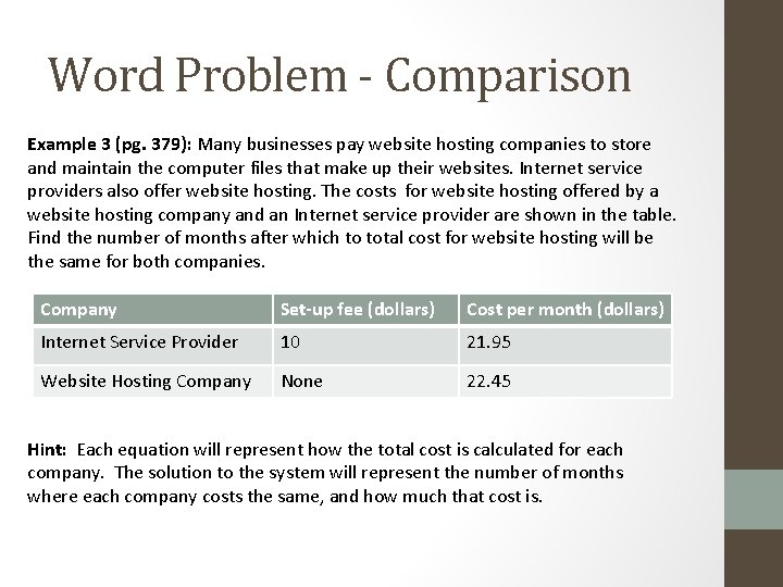 Word Problem - Comparison Example 3 (pg. 379): Many businesses pay website hosting companies
