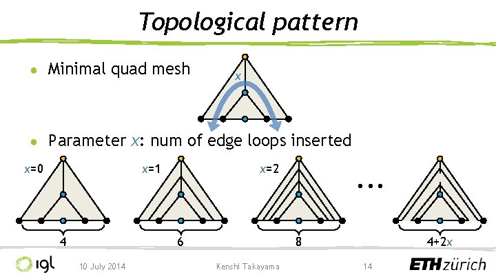 Topological pattern ● Minimal quad mesh ● Parameter x: num of edge loops inserted