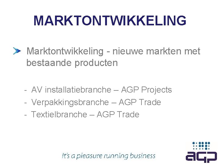 MARKTONTWIKKELING Marktontwikkeling - nieuwe markten met bestaande producten - AV installatiebranche – AGP Projects