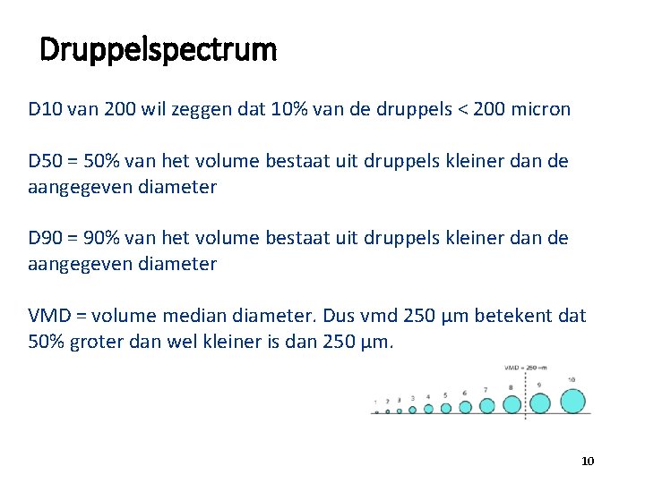 Druppelspectrum D 10 van 200 wil zeggen dat 10% van de druppels < 200
