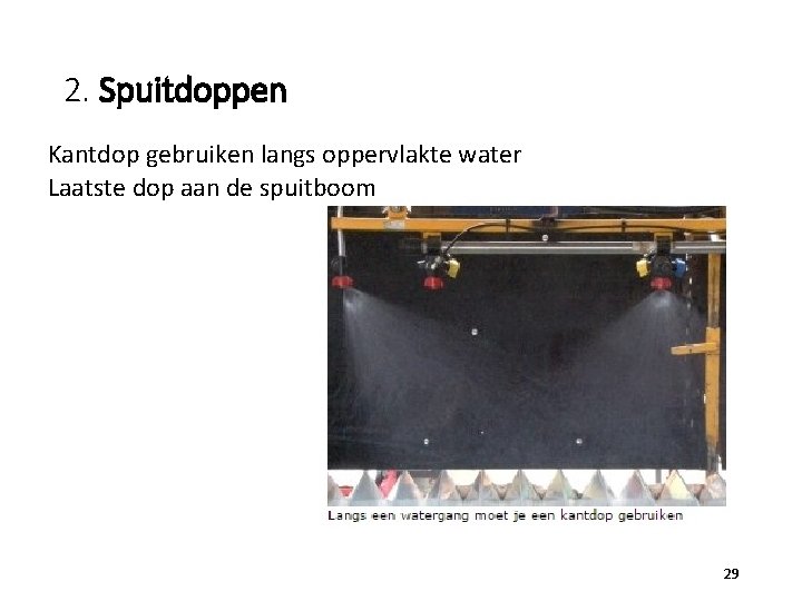 2. Spuitdoppen Kantdop gebruiken langs oppervlakte water Laatste dop aan de spuitboom 29 