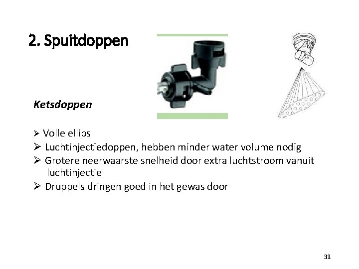 2. Spuitdoppen Ketsdoppen Ø Volle ellips Ø Luchtinjectiedoppen, hebben minder water volume nodig Ø