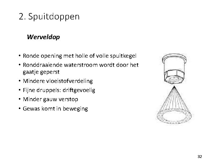 2. Spuitdoppen Werveldop • Ronde opening met holle of volle spuitkegel • Ronddraaiende waterstroom