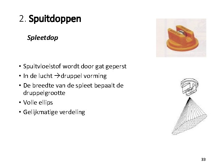 2. Spuitdoppen Spleetdop • Spuitvloeistof wordt door gat geperst • In de lucht druppel