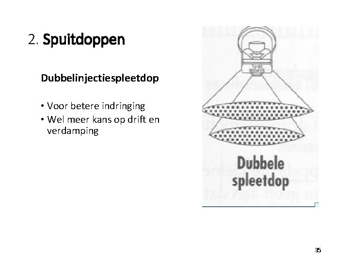 2. Spuitdoppen Dubbelinjectiespleetdop • Voor betere indringing • Wel meer kans op drift en