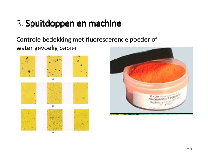 3. Spuitdoppen en machine Controle bedekking met fluorescerende poeder of water gevoelig papier 59